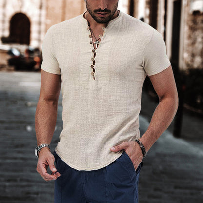 Effen katoenen linnen heren-T-shirt met henley-kraag, casual slim-fit stretch-T-shirt